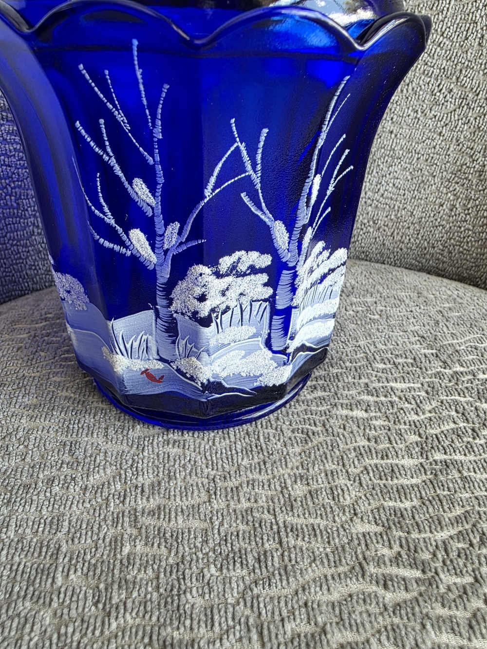 RARE VTG Fenton Cobalt Blue Canaan Valley Candy Jar With Lid Signed Hand Painted - Picture 10 of 14